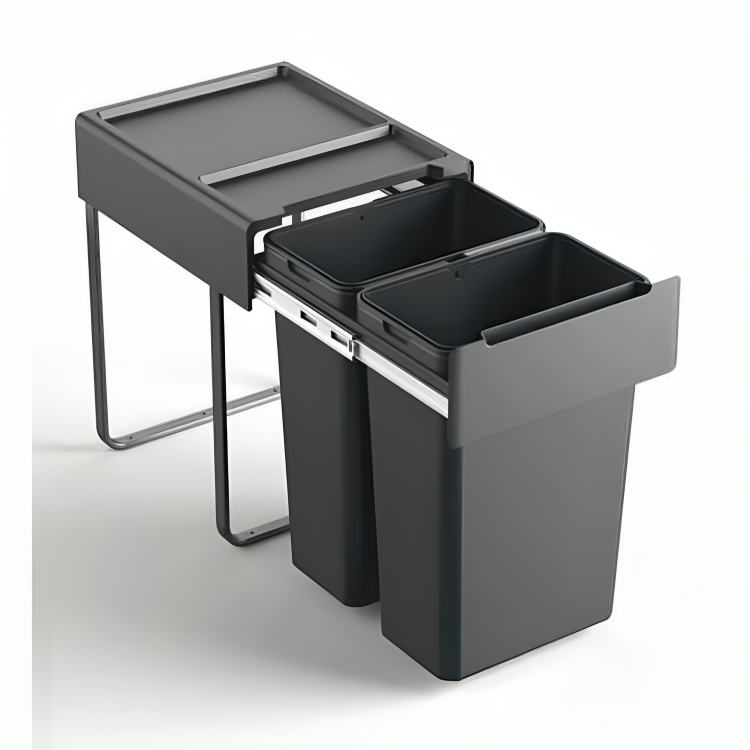 سطل دو مخزنه نصب از کف ریلی آرام بند جهت یونیت 45 حجم 60 لیتر (2*30) ارتفاع 52 ملونی dark grey