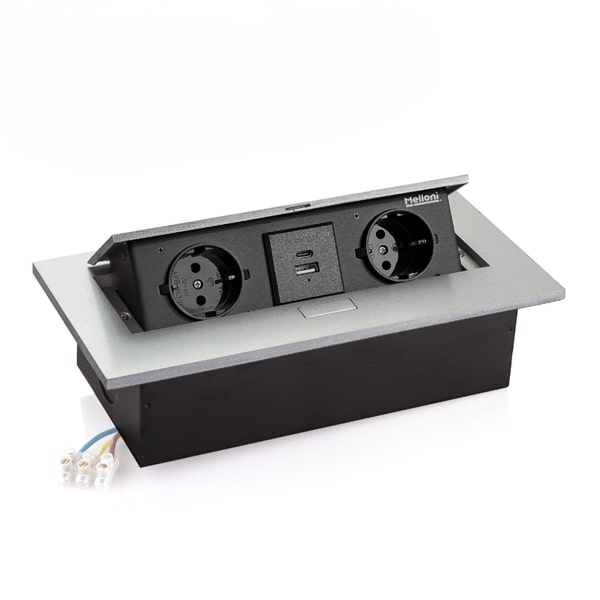 پریز توکار با سیم کشی داخلی مستطیل 2 پریز و 2 پورت USB سیلور